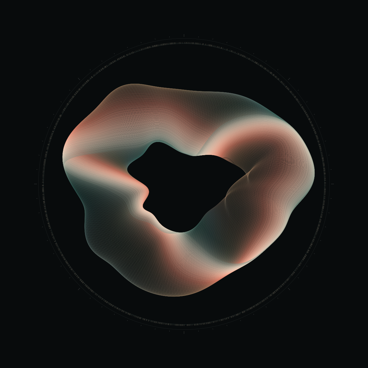 Afterimage, a woven generative field in copper, pearl, and sea glass